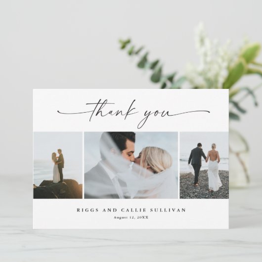 Eenvoudig script 3 foto bruiloft bedankkaart (Staand voorkant)