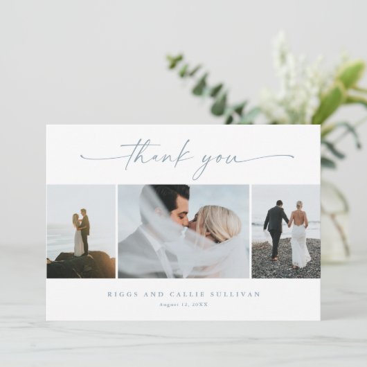 Eenvoudig script 3 foto bruiloft kaart (Staand voorkant)