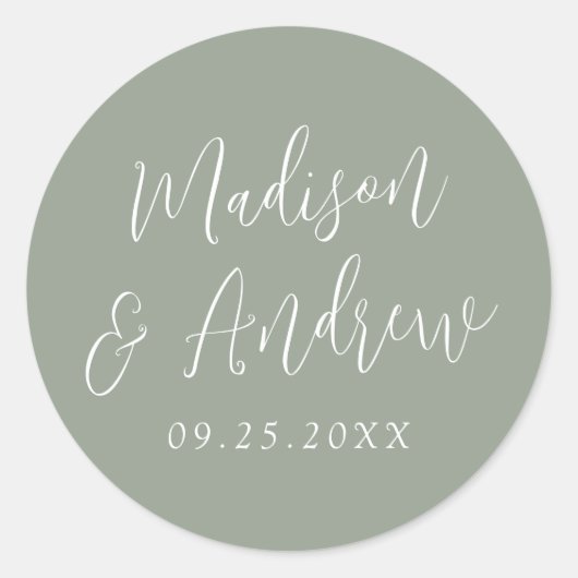 Eenvoudig script aangepast Sage Green Wedding Ronde Sticker (Voorkant)