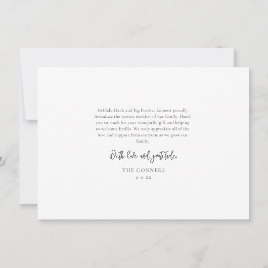 Eenvoudig script Baby 3 Foto geboortedatum Bedankkaart (Achterkant)