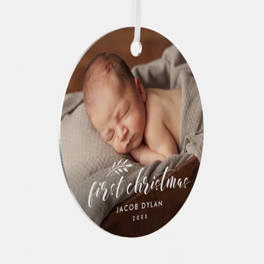 Eenvoudig script baby's eerste kerstfotofeest metalen ornament (Voorkant Rechts)