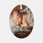 Eenvoudig script baby's eerste kerstfotofeest metalen ornament (Voorkant links)