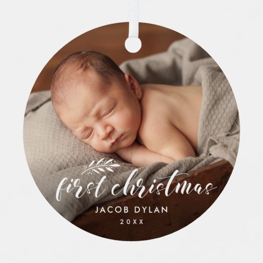 Eenvoudig script baby's eerste kerstfotofeest metalen ornament (Voorkant)