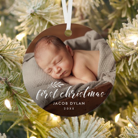 Eenvoudig script baby's eerste kerstfotofeest metalen ornament (Insitu)