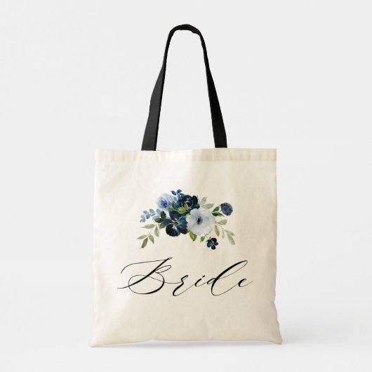 eenvoudig script blauw floral bride tote bag (Achterkant)