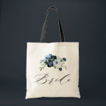 eenvoudig script blauw floral bride tote bag<br><div class="desc">waterverf navy blue floral bride bruiloft canvas tas eenvoudige kalligrafie</div>