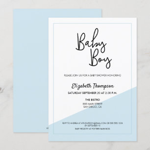 Eenvoudig Script Blauw Moderne Baby Boy Douche Kaart