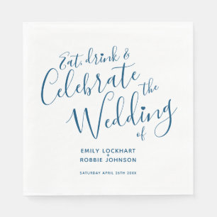 Eenvoudig script blauw op witte bruiloft servetten