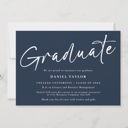 Eenvoudig Script Blauw Wit Foto Afstuderen Aankondiging (Voorkant)