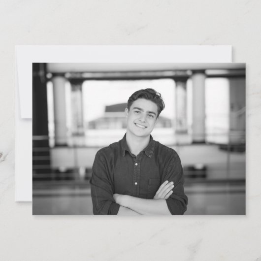 Eenvoudig Script Blauw Wit Foto Afstuderen Aankondiging (Achterkant)