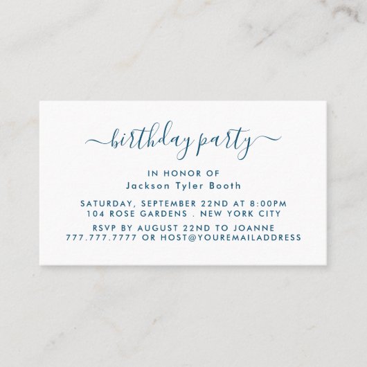 Eenvoudig script - Blue & White Birthday Party Tic Visitekaartje (Voorkant)