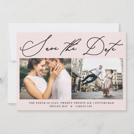 Eenvoudig Script Blush Pink Twee foto Modern Save The Date (Voorkant)
