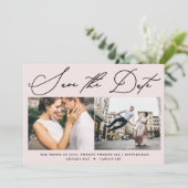 Eenvoudig Script Blush Pink Twee foto Modern Save The Date (Staand voorkant)