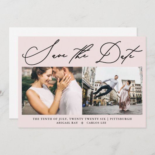 Eenvoudig Script Blush Pink Twee foto Modern Save The Date (Voorkant / Achterkant)