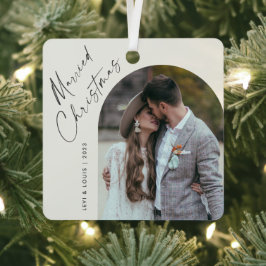 Eenvoudig Script Boho Boog Foto Getrouwd Kerstmis  Metalen Ornament