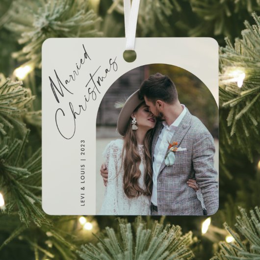 Eenvoudig Script Boho Boog Foto Getrouwd Kerstmis Metalen Ornament (Insitu)