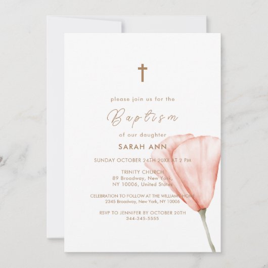 Eenvoudig script Boho Floral Gold Cross Doop Kaart (Voorkant)