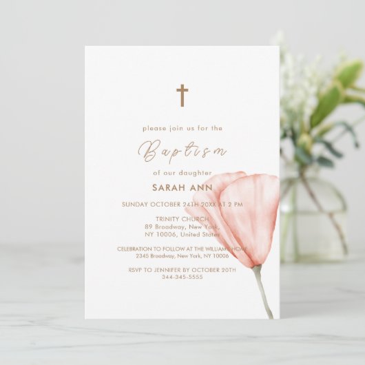 Eenvoudig script Boho Floral Gold Cross Doop Kaart (Staand voorkant)