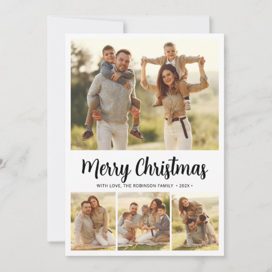 Eenvoudig Script Botanical 4 Multi Photo Christmas Feestdagenkaart (Voorkant)