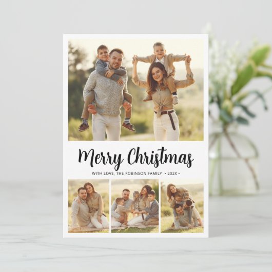 Eenvoudig Script Botanical 4 Multi Photo Christmas Feestdagenkaart (Staand voorkant)