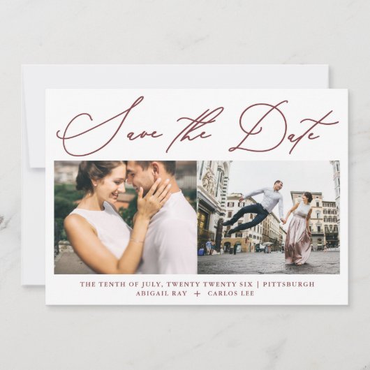 Eenvoudig Script Bourgondië Twee foto Modern Save The Date (Voorkant)