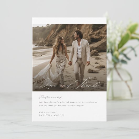 Eenvoudig script bruiloft dank u fotokaart bedankkaart (Staand voorkant)