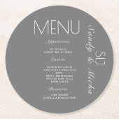 Eenvoudig script bruiloft menu grijs ronde kartonnen onderzetter (Voorkant)