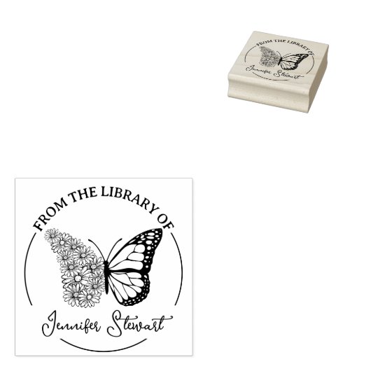 Eenvoudig script Butterfly Flower Library Book Rubberstempel (Gestempeld)