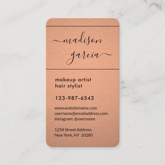 Eenvoudig Script Copper Faux Folie elegant Vertica Afsprakenkaartje (Voorkant)