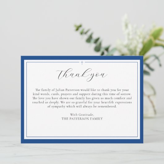 Eenvoudig script Cross Blue Funeral Dank je kaart (Staand voorkant)