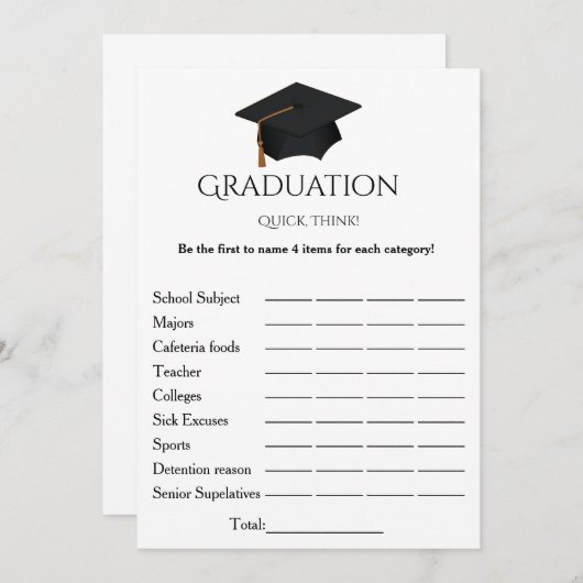 Eenvoudig script denk snel afstuderen partij spel kaart (Voorkant / Achterkant)