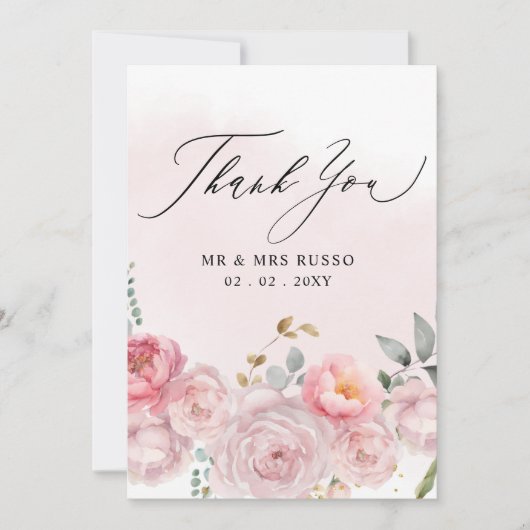Eenvoudig Script Elegant Blush Bloemen Bruiloft Bedankkaart (Voorkant)