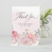 Eenvoudig Script Elegant Blush Bloemen Bruiloft Bedankkaart (Staand voorkant)