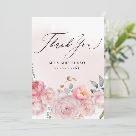 Eenvoudig Script Elegant Blush Bloemen Bruiloft Bedankkaart (Staand voorkant)