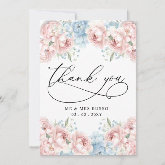 Eenvoudig Script Elegant Blush Bloemen Bruiloft Bedankkaart (Voorkant)