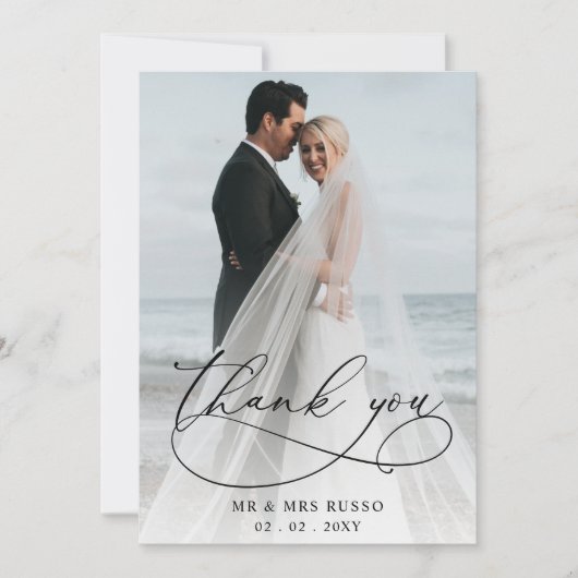 Eenvoudig Script Elegant Blush Bloemen Foto Bruilo Bedankkaart (Voorkant)