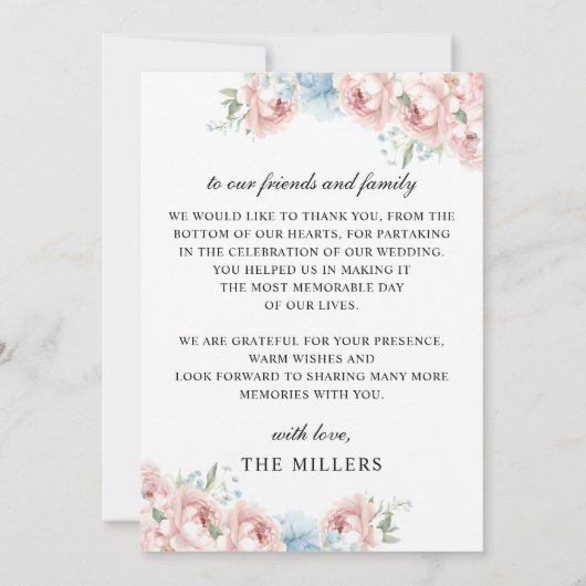 Eenvoudig Script Elegant Blush Bloemen Foto Bruilo Bedankkaart (Achterkant)