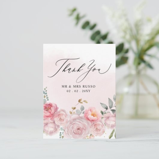 Eenvoudig script Elegant Blush Floral Dank u Briefkaart (Staand voorkant)
