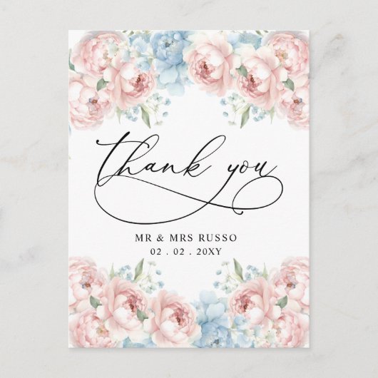 Eenvoudig script Elegant Blush Floral Dank u Briefkaart (Voorkant)