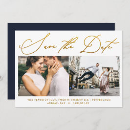 Eenvoudig script Faux Gold Two Photo Moderne Save The Date