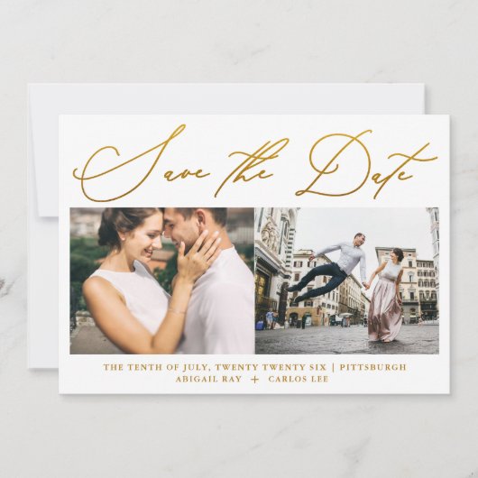 Eenvoudig script Faux Gold Two Photo Moderne Save The Date (Voorkant)