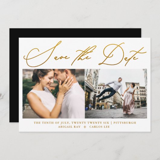Eenvoudig script Faux Gold Two Photo Moderne Save The Date (Voorkant / Achterkant)