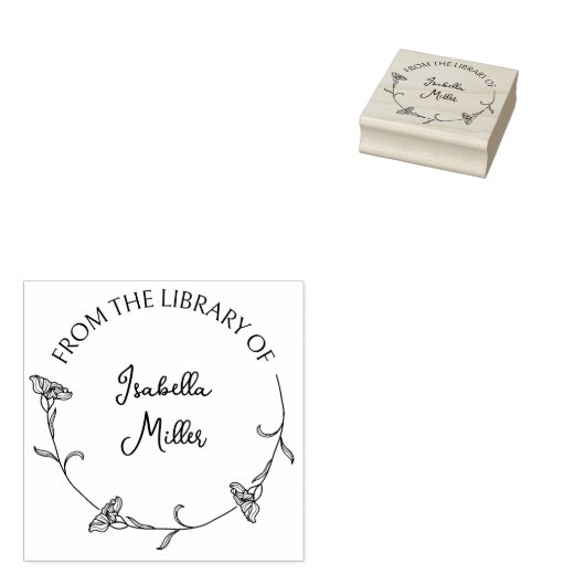 Eenvoudig Script Flower Round Library Book Rubberstempel (Gestempeld)