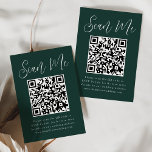 Eenvoudig script Forest Green QR Code Weduwschap R Informatiekaartje<br><div class="desc">Maak het voor gasten gemakkelijk aan RSVP aan uw bruiloft of gebeurtenis met deze moderne trouwkaarten RSVP met QR code. De elegante kaarten van de trouwomhulling tonen "Scannen me"in een grillig wit manuscript met een bos groene achtergrond. Pas de kaart aan met uw RSVP-datum, trouwwebsite en instructies voor gasten met...</div>