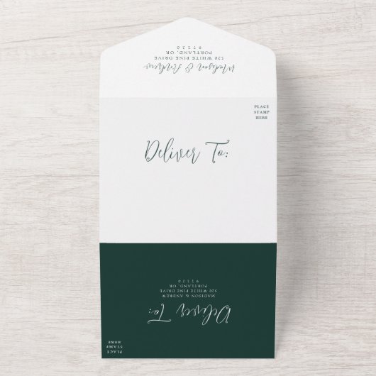 Eenvoudig script Forest Green Wedding All In One Uitnodiging (Buitenkant)