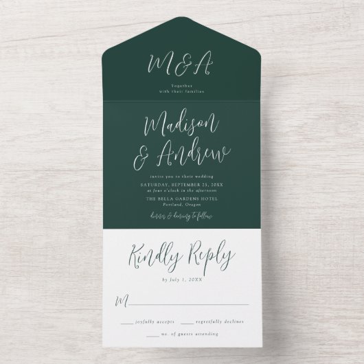 Eenvoudig script Forest Green Wedding All In One Uitnodiging (Binnen)