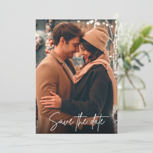 Eenvoudig script foto Weddenschap Save the Date (Staand voorkant)