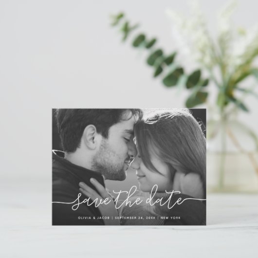 Eenvoudig script | Foto Wedding Save the Date Briefkaart (Staand voorkant)
