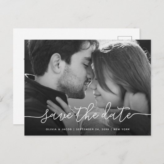 Eenvoudig script | Foto Wedding Save the Date Briefkaart (Voorkant / Achterkant)