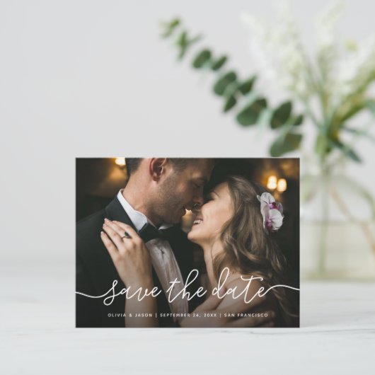 Eenvoudig script | Foto Wedding Save the Date Briefkaart (Staand voorkant)